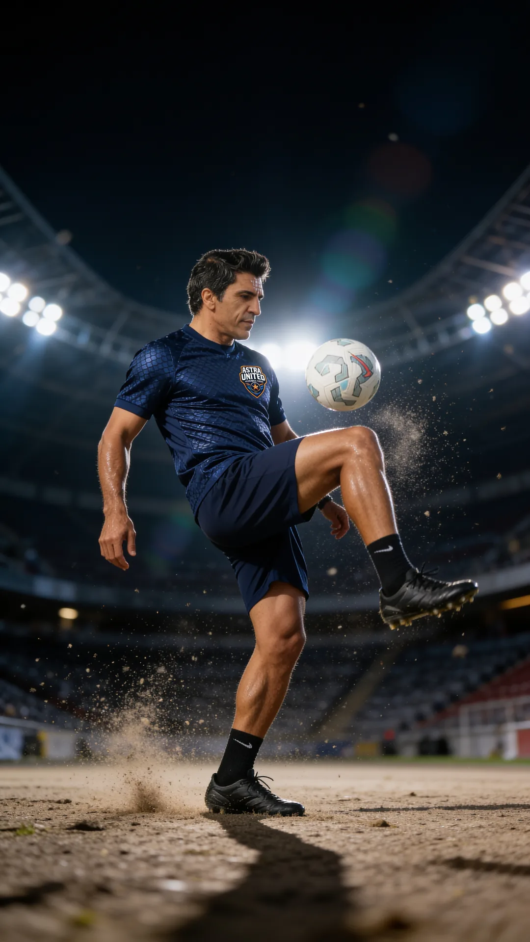 Dr Alireza Emamifar in Astra United kit juggling a football under the floodlights of a stadium